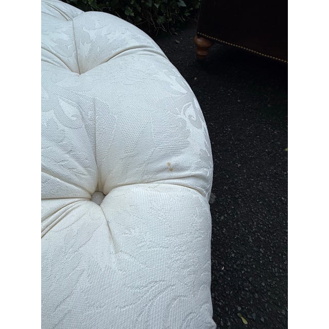 Ivory Traditional Round Upholstered Damask Tufted Ottoman For Sale - Image 8 of 8