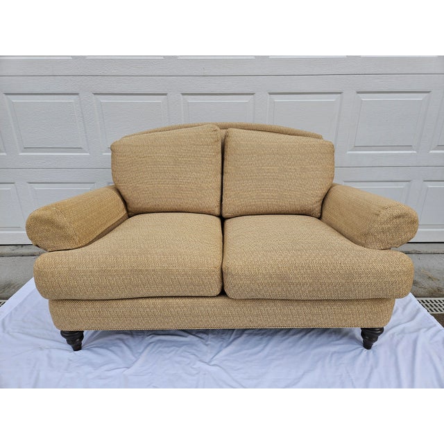 Wood Ethan Allen Tan Rolled Arm Down Filled Loveseat For Sale - Image 7 of 17