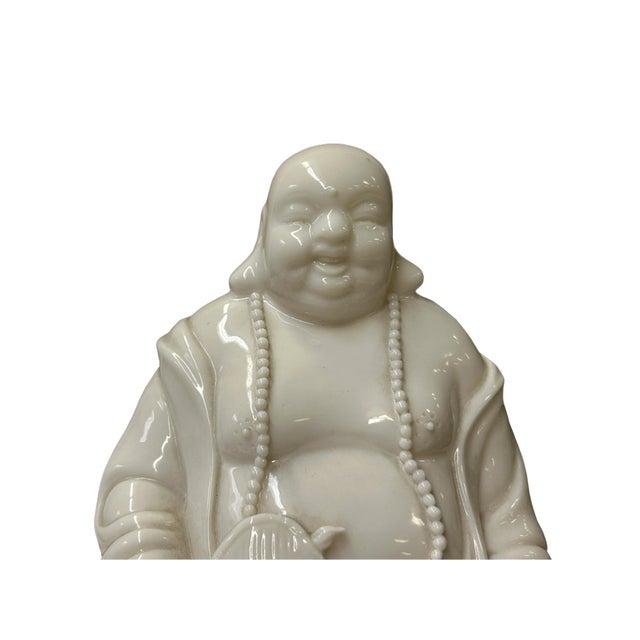 White Happy Laughing Buddha Holding Fan Deity Porcelain Figure For Sale - Image 9 of 10