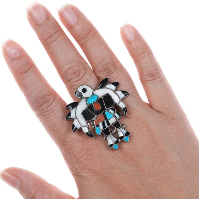 Silver sz9.25 MP Zuni silver channel inlay eagle dancer ring For Sale - Image 8 of 9