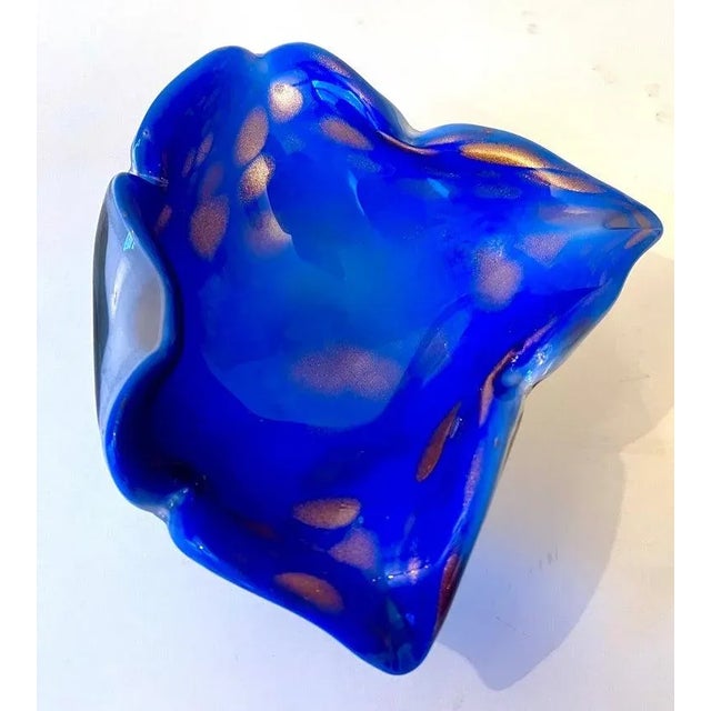 Italian Sommerso Murano Glass Bowl Ashtray in Brilliant Blue with Gold Flecks For Sale - Image 4 of 12