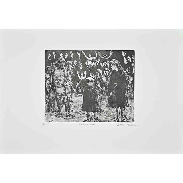 Etching on paper. Hand signed, titled (original title: Chiedevano Aiuto), and numbered in pencil. Edition of 5, in roman...