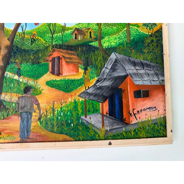 Green 1970s Vintage Haitian Folk Art Landscape Oil Painting by F. Faramon For Sale - Image 8 of 12