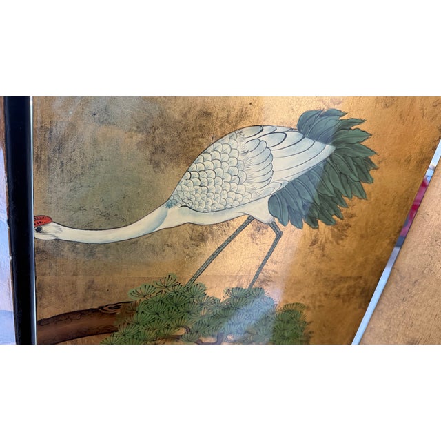 Vintage Chinese Lacquered Four-Panel Folding Screen With Cranes & Pine Trees For Sale - Image 14 of 16