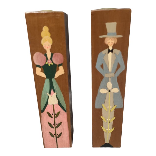 Vintage Pair of Hand Painted Wood Pennsylvania Dutch Figural Floral Candlesticks For Sale