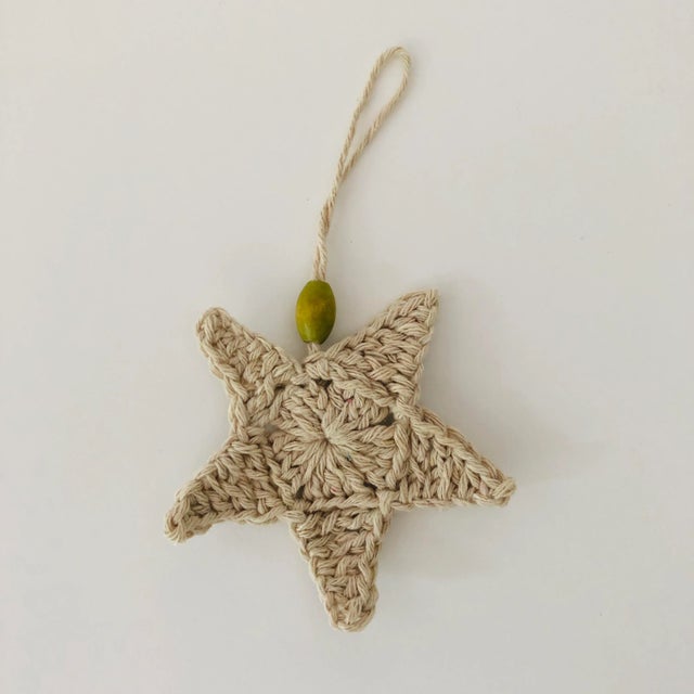 Handmade cotton crochet set of 4 starfish design ornaments with wood beads , perfect for costal living , farm house wall...