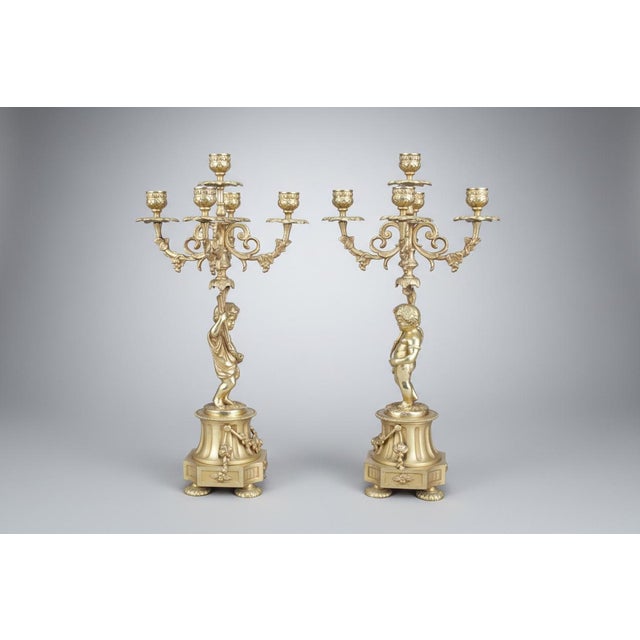 Rococo Italian Rococo Style Gilt Bronze Candelabra Candlestick Pair With Putti Cherubs For Sale - Image 3 of 16