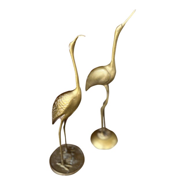 Vintage Brass Crane Bird Statues Elegant Mid Century Decorative Sculpture Pair For Sale