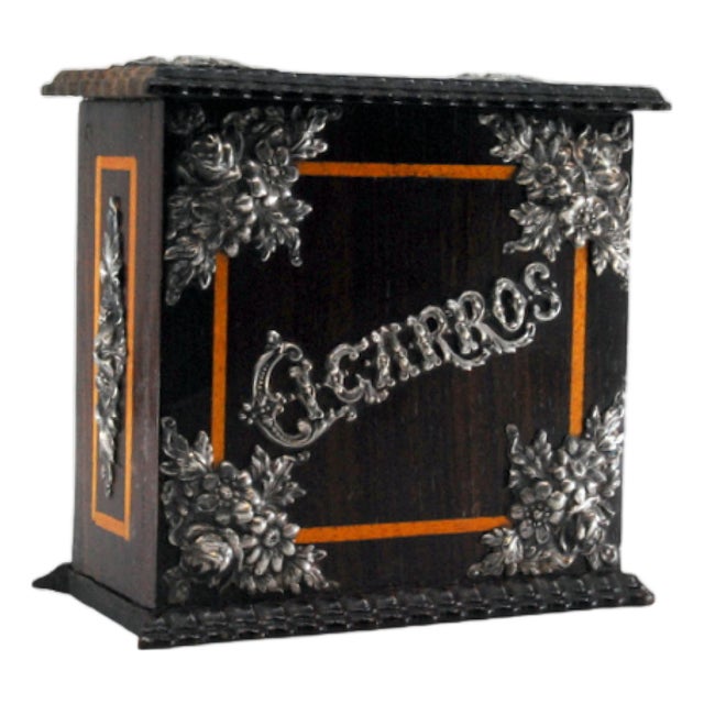 Tobacco Box with Trembling Rosewood Strips and Silver Applications For Sale