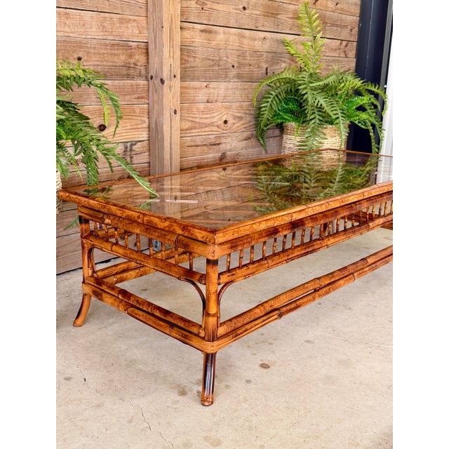 Vintage Brighton Pavilion Scorched Bamboo Coffee Table With Glass Top For Sale - Image 11 of 12