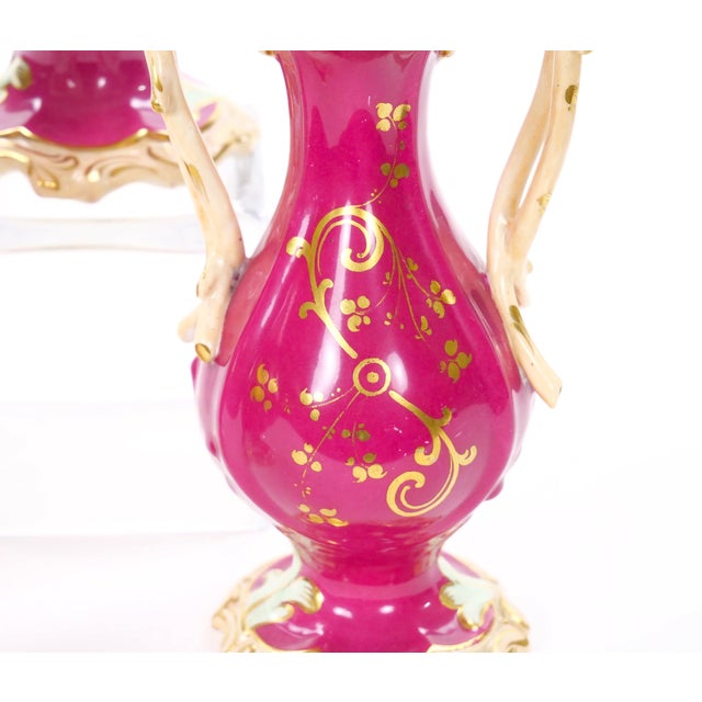 Antique English Porcelain Gilt & Painted Three-Piece Urn / Vase Garniture Set For Sale - Image 9 of 10