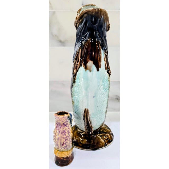 Mid 20th Century Mid 20th Century Majolica Blue & Tortoise Ceramic Fish Pitcher and Mini Accent Vase – 2-Piece Set For Sale - Image 5 of 14