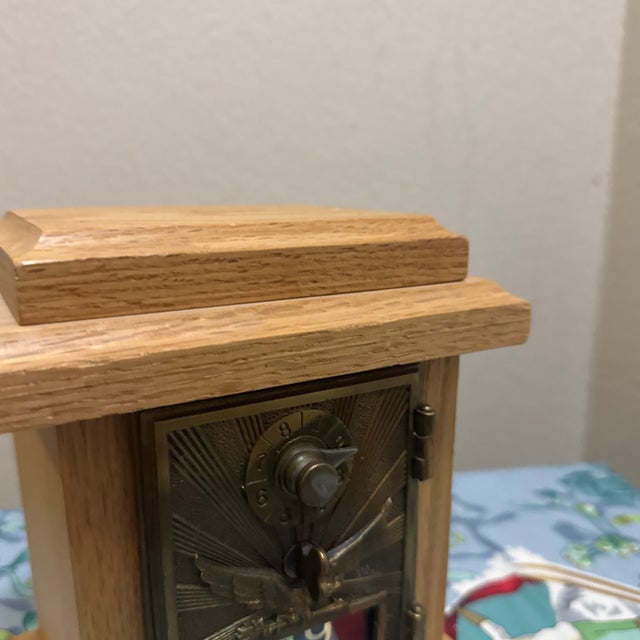 French Antique Post Office Box Door Bank – Vintage Cast Bronze Eagle Door in Oak Case For Sale - Image 3 of 9