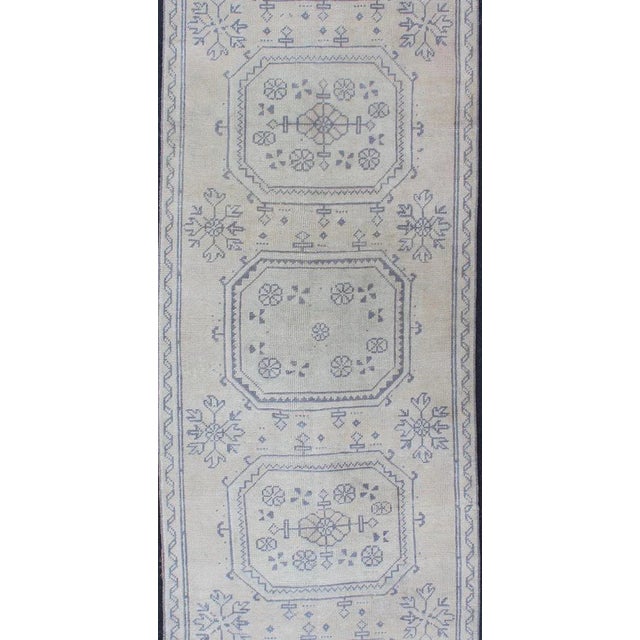 Vintage Turkish Oushak Runner in Medium Blue, Lt. Blue & Tan Background For Sale - Image 4 of 12