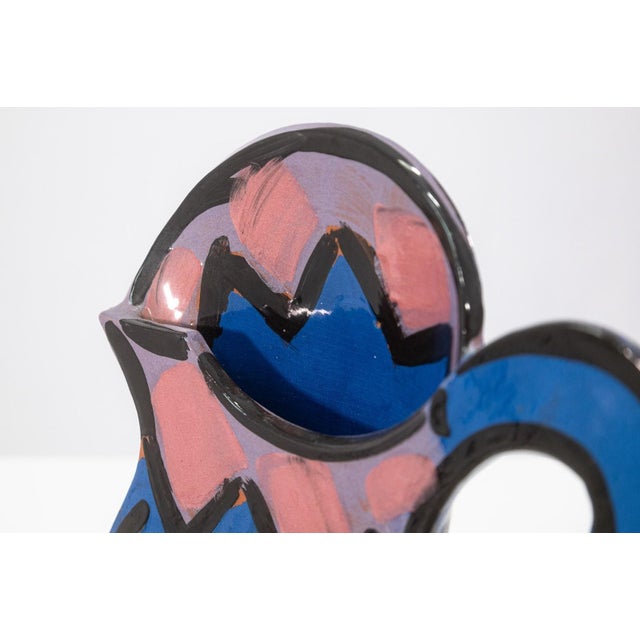 Kathryn Youngs Flat Pitcher Ceramic Vase 1990 Signed Hand Painted Art Pottery For Sale - Image 4 of 9