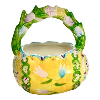 Spring Easter Basket Planter Raised Relief Ceramic For Sale