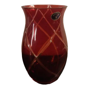 1980s Bohemia Cut Crystal Cranberry Vase Made in Czech Republic