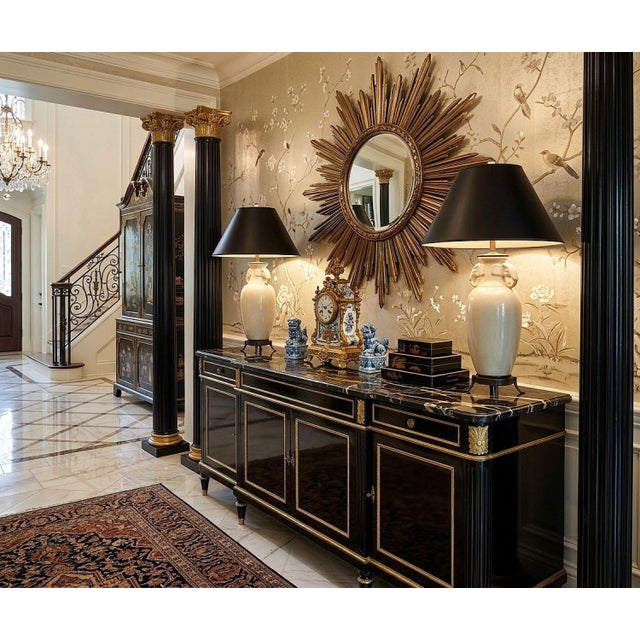 Offering a LARGE pair of Maitland-Smith hand made crackled beige porcelain table lamps with elephant handles on the neck,...