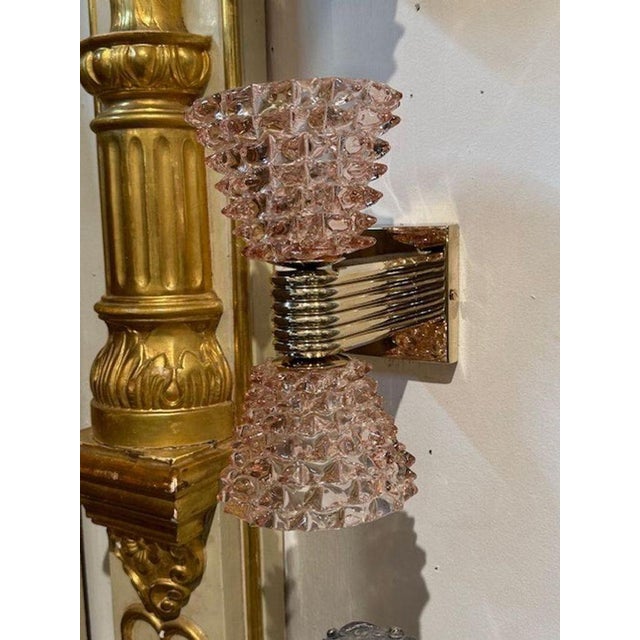 Pair of Modern Murano pink glass and brass double cone “rostri” sconces. Perfect for today’s transitional designs. Adds an...