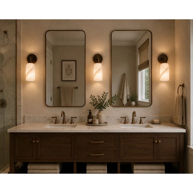 Contemporary Brass Wall Sconce With Ribbed Natural Alabaster Shade, Modern Bathroom Vanity Lamp, Handcrafted Luxury Wall Lighting For Sale - Image 3 of 10