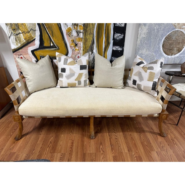 Brown Rare T.H. Robsjohn Gibbings Bleached Walnut & Vellum Strap Sofa Settee For Sale - Image 8 of 12