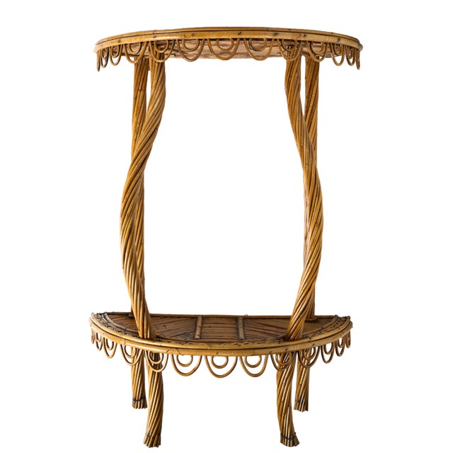 This wonderfully whimsical 1950s bamboo and rattan mirror and Demilune table....right out of the Italian riviera! Perfect...