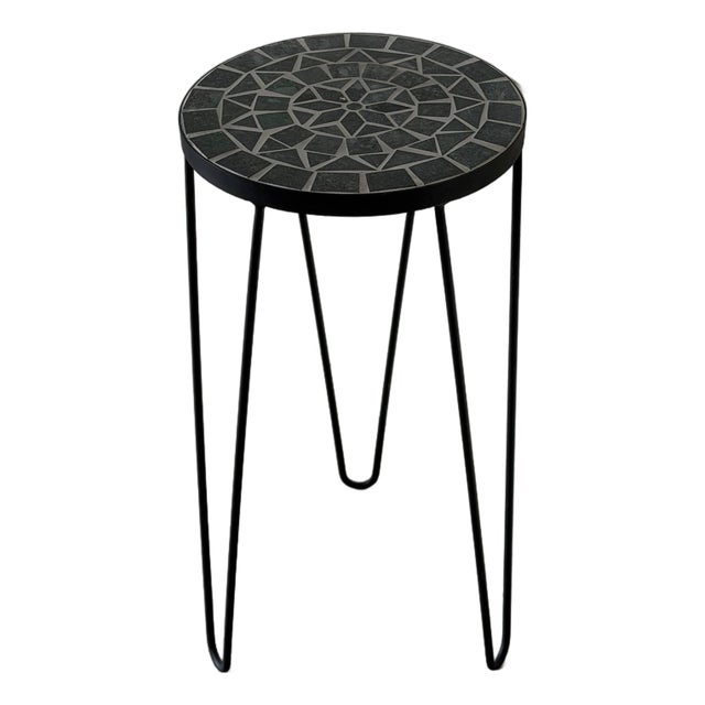 Black Stone Mosaic Top Plant Pedestal With Metal Hairpin Legs Vintage 1970s For Sale