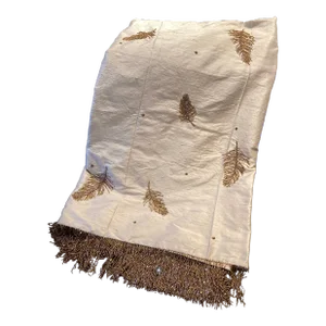Embellished Beaded Feather Motif Silk Shantung Throw