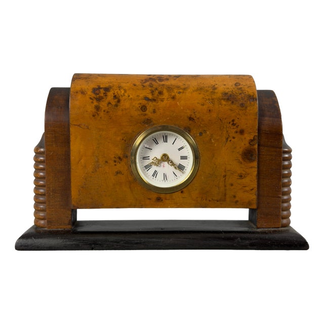 Vintage Art Deco Mechanical Table Clock in Burl Wood, 1940s For Sale