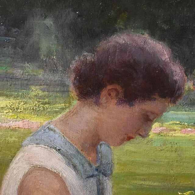 Henri-Charles Angéniol, Young Woman Sewing in the Garden, Oil on Wood, 20th Century, Framed For Sale - Image 6 of 10
