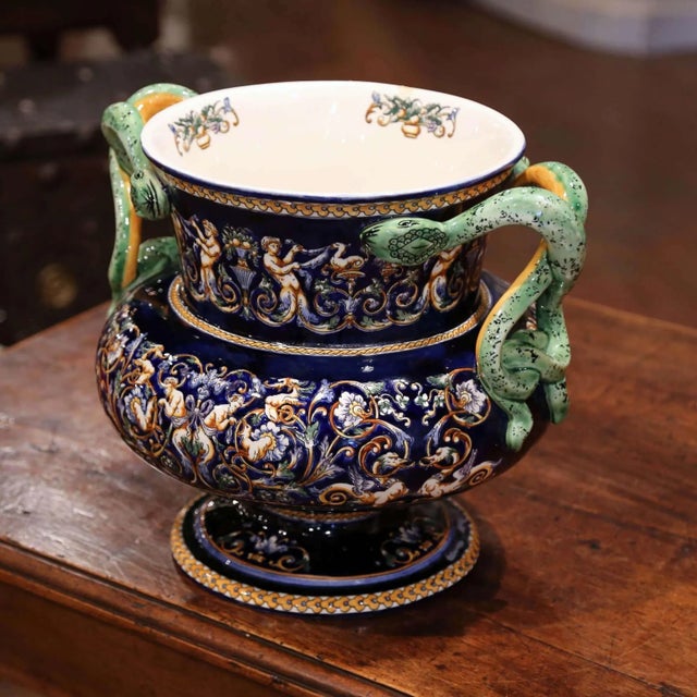 Ceramic 19th Century French Painted Porcelain Cache Pot With Snake Handles From Gien For Sale - Image 7 of 11