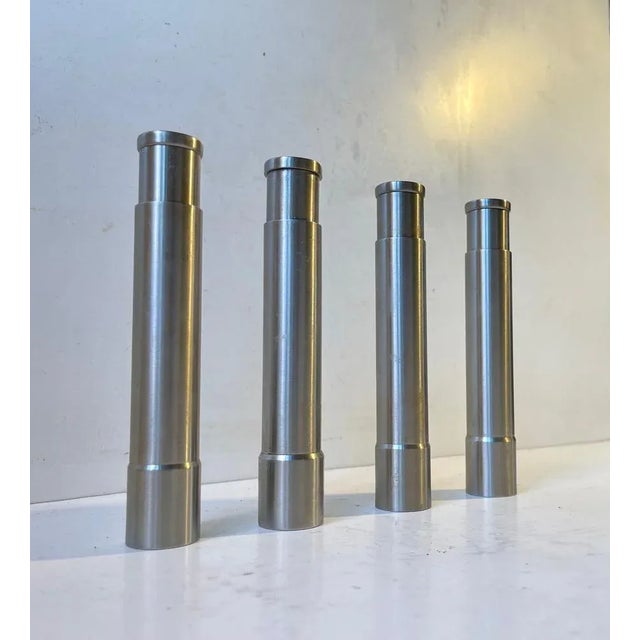 Vintage Minimalist Salt Shakers and Pepper Mill in Stainless Steel, Set of 4 For Sale - Image 6 of 6
