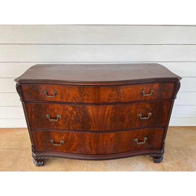 Antique Georgian Revival Chest of Drawers Flame Mahogany Serpentine Carved C1940 For Sale - Image 4 of 18