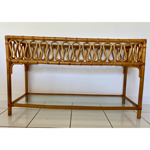 Vintage Bamboo Rattan Console Table With Glass Top Chairish
