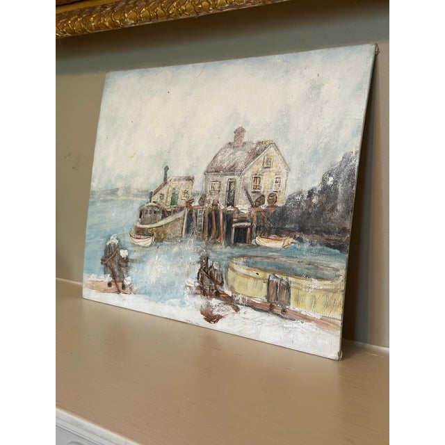 Charming vintage coastal painting board depicting a peaceful harbor scene with a weathered dock, fishing boat, and...