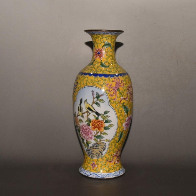 1900 - 1909 Vintage Chinese Gilt Copper Enamel "Bird & Flower" Vase, Qianlong Mark - 663g For Sale - Image 5 of 9