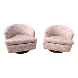Pair of Mid-Century Milo Baughman Style Flame Stitch Swivel Barrel Chairs