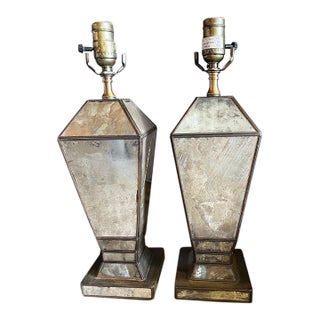 1980s Neoclassical Foxed Mirror & Brass Table Lamps - A Pair For Sale