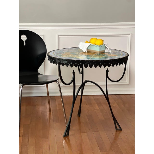 Italian Hand-Painted Ceramic Tile Top Bistro, Side Table With Wrought Iron Base, 1950s For Sale - Image 15 of 15