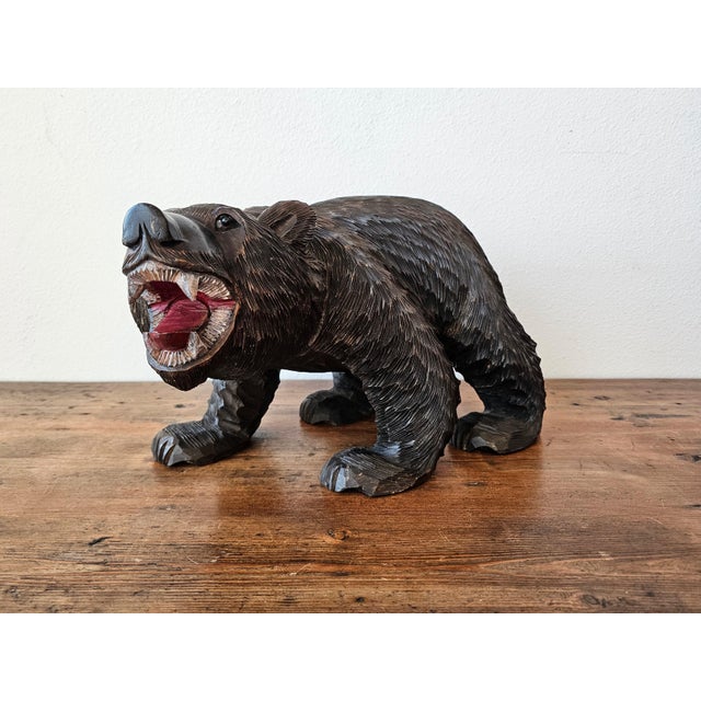 Rustic Large Antique Swiss Black Forest Bear Statue Folk Art Wood Carving For Sale - Image 3 of 12