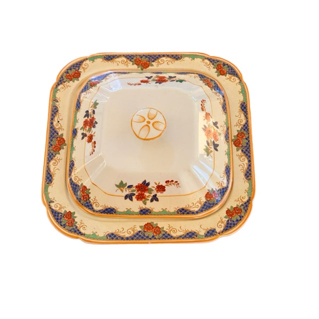 A colorful circa 1900 English Cavendish Ware square covered serving dish, produced for the historic Brooklyn retailer...
