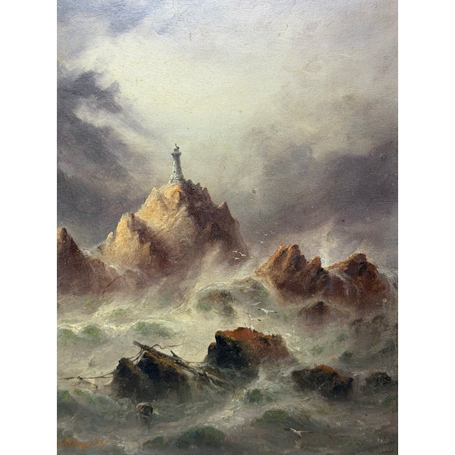 Sarah Louisa Kilpack (1839–1909) | La Corbière Lighthouse, Jersey | Dramatic Victorian Marine Oil on Board, c.1880 Subject...