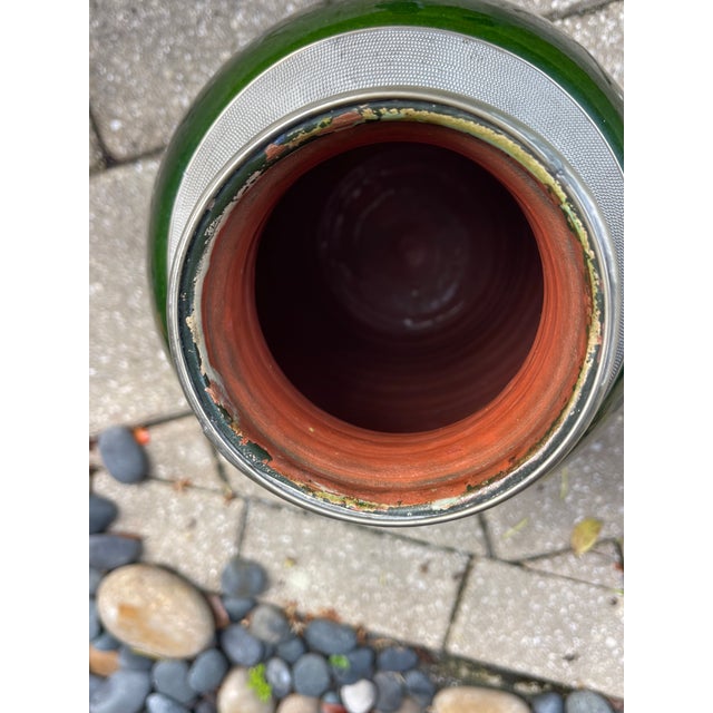 Vintage Signed Safi Tensift Moroccan Green Glazed Pottery Vase With Metal Mounts For Sale - Image 9 of 10