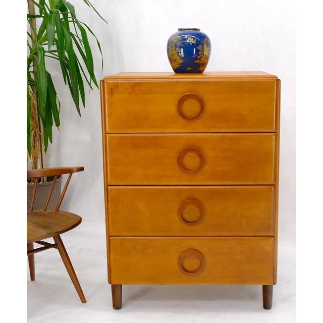 Mid-Century Modern Russel Wright Solid Maple Art Deco Round Pulls 4 Deep Drawers High Chest Dresser For Sale - Image 3 of 13