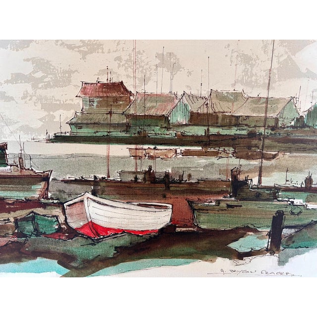 This is an original vintage framed painting on canvas depicting a harbor scene of Sausalito in California, USA. Measuring...