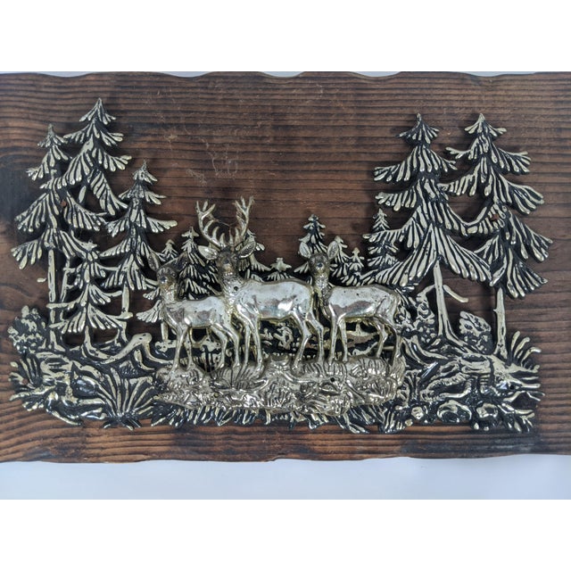 Wood Vintage Silver-Tone Deer Woodland Relief Plaque on Rustic Wood, 13" For Sale - Image 7 of 12