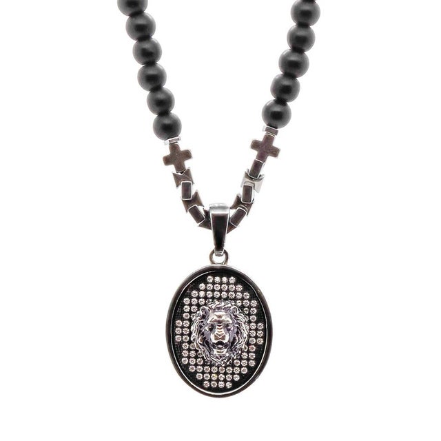 Silver Black Onyx and Silver Lion Men's Beaded Necklace For Sale - Image 8 of 8