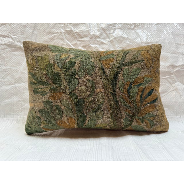Antique Brussels Verdure Tapestry Fragment Pillow With Leaf Motif For Sale - Image 4 of 5