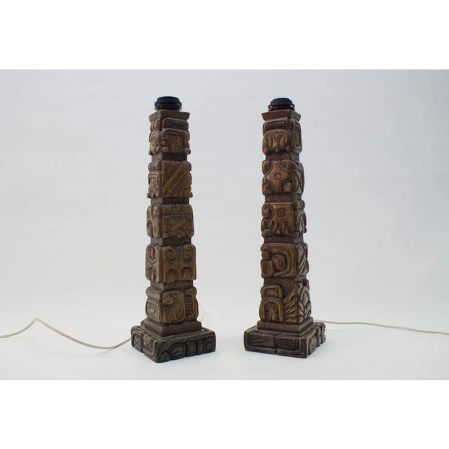 Brown Hand-Carved Wooden Table Lamps from Temde, 1960s, Set of 2 For Sale - Image 8 of 14