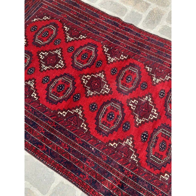 Hand-Knotted Vintage Wool Red and Navy Turkmen Design Rug - 4' X 6.1' For Sale - Image 6 of 9